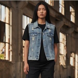 GAP - Women Denim Vest Destressed – Medium Wash‎